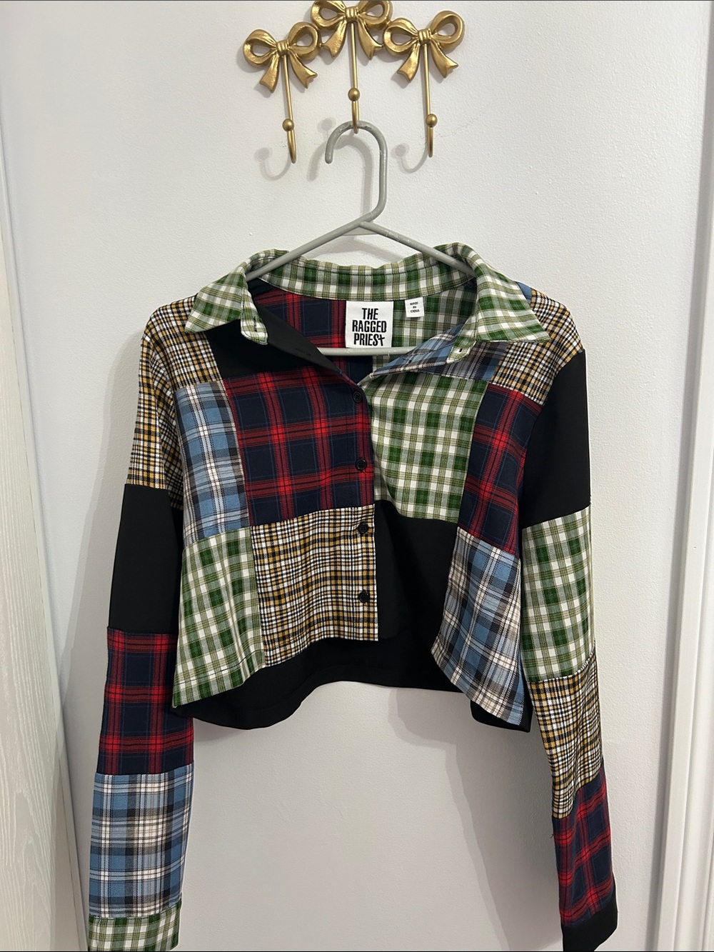 The Ragged Priest Womens Patchwork Plaid Cropped Jacket - Multi